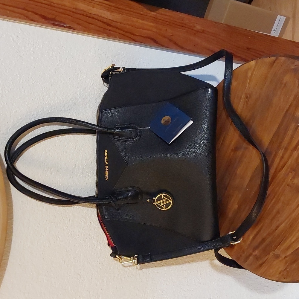 Adrienne Vittadini Black extra large TOTE bag Red interior Gold accents New!